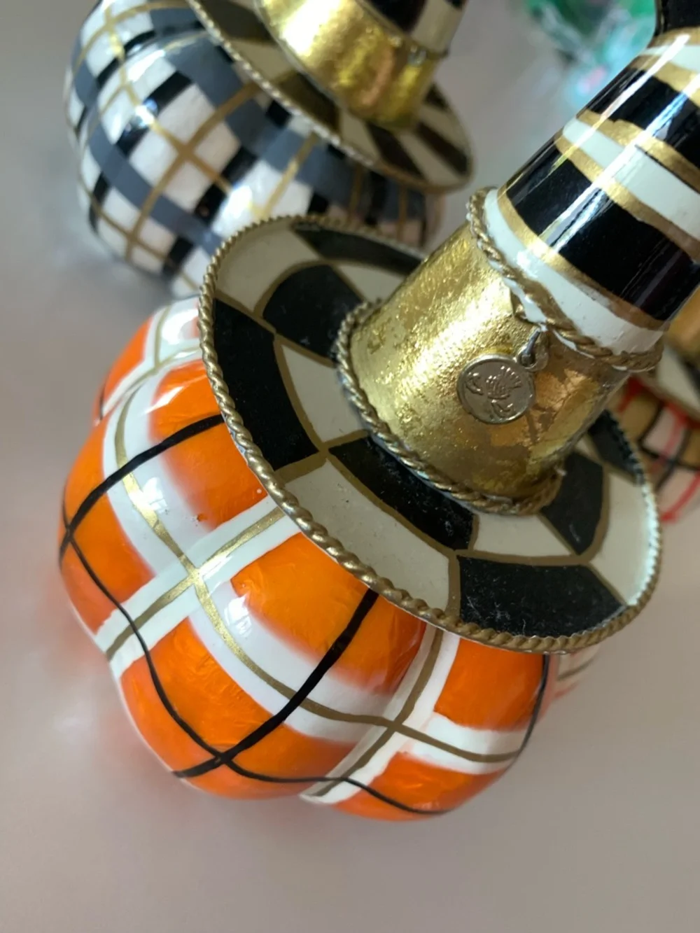 MacKenzie Childs mini pumpkin trio with witch hats